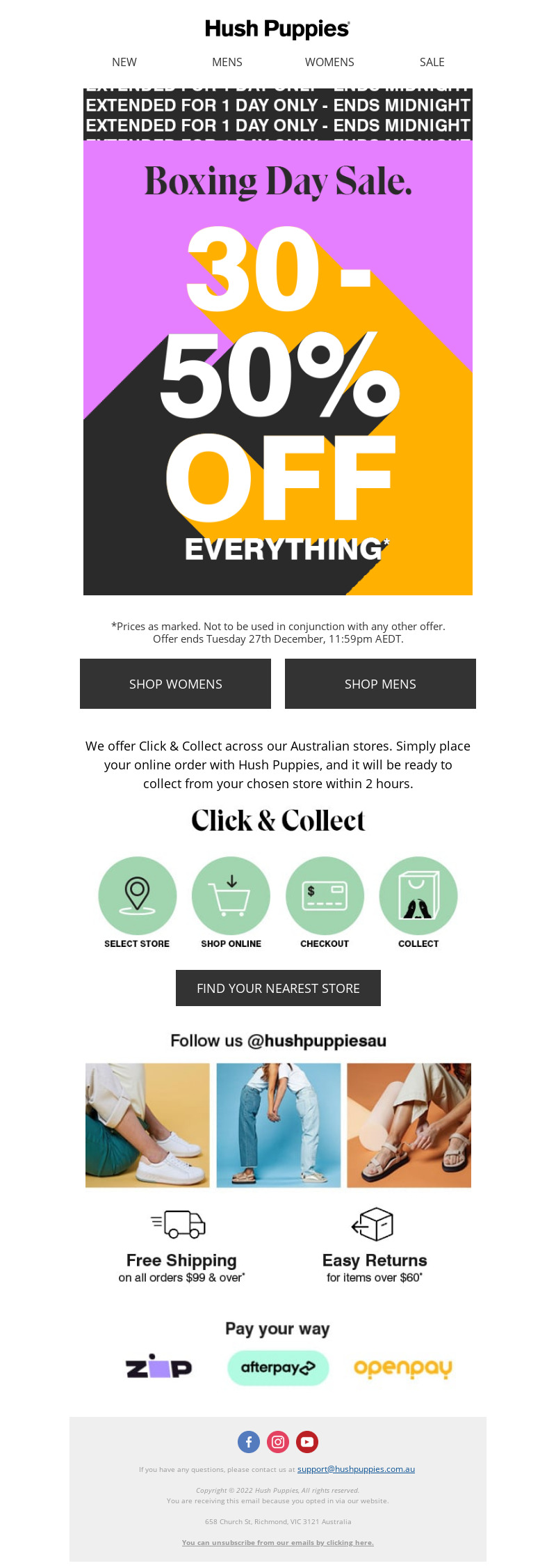 Hush Puppies, limited Boxing Day sale email.